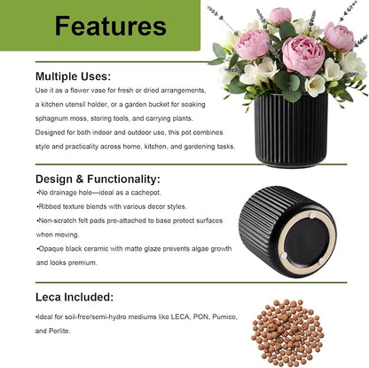2 Pack of 4in Ceramic Cachepot with 4 inch Clear nusery Pot - self Watering Indoor Planter with Drainage for Root Visibility,semi Hydro pots for repotting Succulent,Black