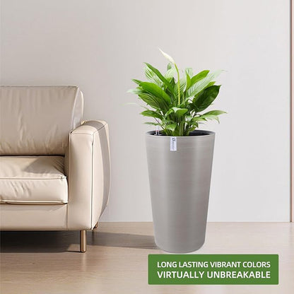 Dexceder 22x13 Self Watering Tall Planter (Coffee, Wire Drawing) | High Cylinder, Thickened Large Floor Standing Flower Plant Pot with Water Level Indicator Indoor Outdoor