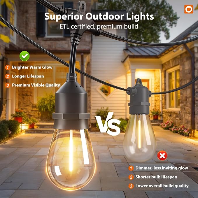 addlon 50FT Outdoor String Lights LED with Remote Dimmable Patio Lights Waterproof Shatterproof Edison Bulb for Outside Backyard Porch Garden Bistro Pergola Party Decor, Warm Ambience Lighting