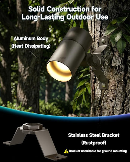 Landscape Down Lighting Low Voltage Spot Lights Outdoor LED Wall Mounted Low Voltage Tree Lights Cast Aluminum Free 5W MR16 LED Bulb Stainless Steel Mounting Bracket 4-Count