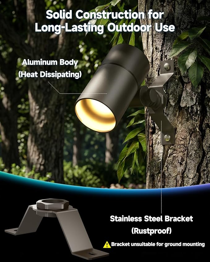 Landscape Down Lighting Low Voltage Spot Lights Outdoor LED Wall Mounted Low Voltage Tree Lights Cast Aluminum Free 5W MR16 LED Bulb Stainless Steel Mounting Bracket 2-Count