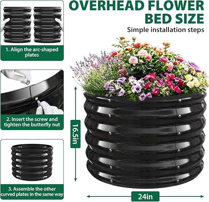 24" Diameter Round Raised Garden Bed - 17 Inch Tall, Heavy-Duty Galvanized Steel Planter Box with Wave-Shaped Panels for Vegetables, Herbs & Flowers (1, Black, 24 Inch Diameter)