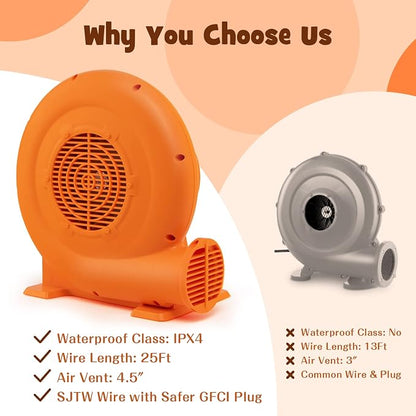 Costzon Air Blower, 1.0HP Blower for Bounce House with 25FT SJTW Wire & Stakes, GFCI Plug, ETL, 750W, Perfect for Inflatable Bouncer Blower Orange, IPX4 Air Blower for Inflatables
