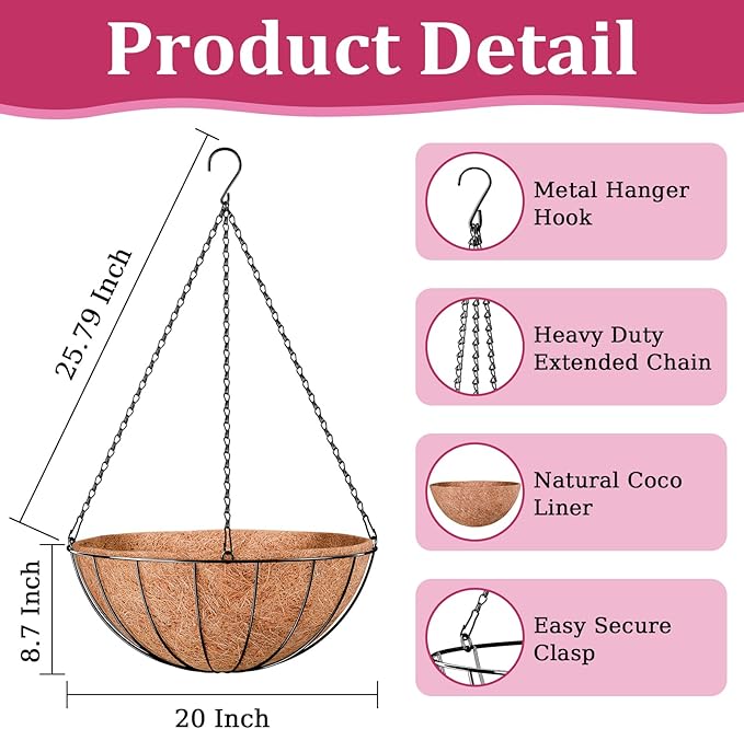 Halatool 20 Inch Large Hanging Baskets Planters for Outdoor Plants, 2 Pack | Metal Outdoor Hanging Baskets with Coco Liner, Round Hanging Flower Pot for Plants Flowers Garden Decorations