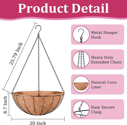 Halatool 20 Inch Large Hanging Baskets Planters for Outdoor Plants, 2 Pack | Metal Outdoor Hanging Baskets with Coco Liner, Round Hanging Flower Pot for Plants Flowers Garden Decorations