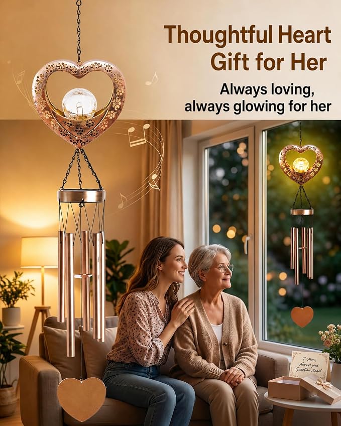 Nacome Solar Heart Wind Chimes for Outside: Weatherproof Metal Outdoor Decor Easy Hanging for Garden Patio Tree Window - Melodious Mother's Day Birthday Gifts for Mom Women Mom Grandma Her Wife
