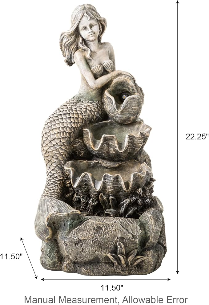 Glitzhome Water Fountain Outdoor, Outdoor Fountain with Lights & Pump, 22.25" H 4-Tiered Concrete Mermaid Polyresin Waterfall Floor Standing Water Feature for Garden, Patio, Yard, Deck, Porch
