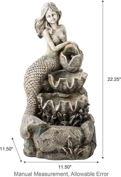 Glitzhome Water Fountain Outdoor, Outdoor Fountain with Lights & Pump, 22.25" H 4-Tiered Concrete Mermaid Polyresin Waterfall Floor Standing Water Feature for Garden, Patio, Yard, Deck, Porch