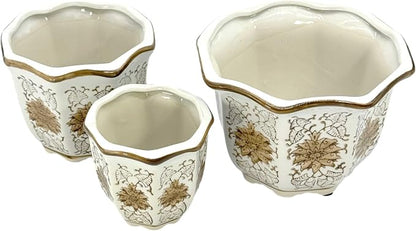 Galt International Brown & White Floral Porcelain Ceramic Decorative Flower Pot 8"/6"/4.5" Garden Pots Chinese Asian Design - Set of 3 Brown & White Fluted