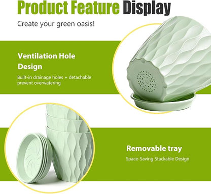 8 Inch Plastic Plant Pots,Set of 5 Flower Pots,Planters with Drainage Holes & Saucers, Indoor Outdoor Garden Pots for Home Decor(Green)