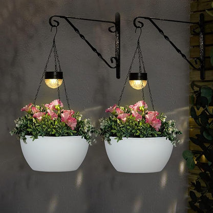 BAYN 2 Packs Solar Hanging Basket Planters for Plants Outdoor | Self Watering, White Flower Pots with Solar Light , Hanging Planters with Drainer for Balcony Patio Garden Decoration