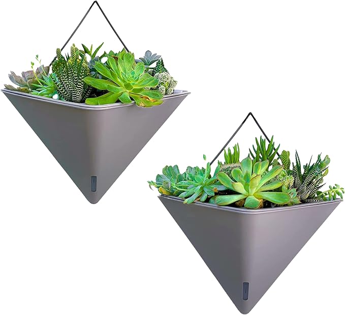 LaLaGreen Succulent Wall Planters (12in, 2 Pack) Large Self Watering Pots | Wall Hanging Planters for Indoor Plants Gray Wall Mount Triangle Geometric Flower Vase Black Metal Hanger Living Wall Decor