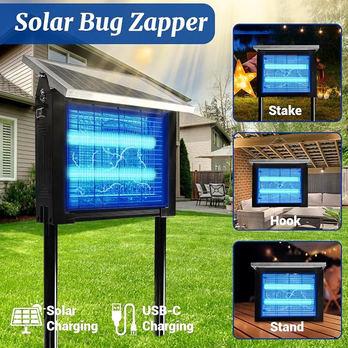 Solar Bug Zapper Outdoor 3000V, Rechargeable Mosquito Zapper with Solar Panel & USB Charging, Waterproof Cordless Electric Fly Trap with Auto Light Sensor for Patio Yard Garden Camping