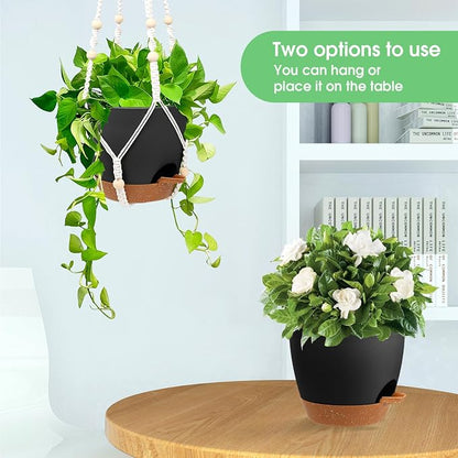 Vanslogreen Hanging Planters for Indoor Outdoor Plants, 2 Pack Self Watering Hanging Pots, Hanging Plant Baskets with Drainage Holes & 2 Types of Plant Hangers (Black, 6'')