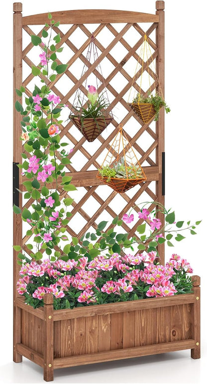 Giantex Raised Garden Bed with Trellis, 60” Wooden Planter Container with Drainage Holes, High Trellis for Plant Flower Climbing Pot Hanging, Indoor & Outdoor Planter Box for Yard Garden Balcony