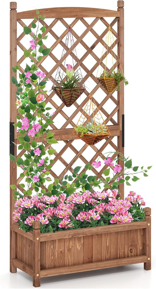 Giantex Raised Garden Bed with Trellis, 60” Wooden Planter Container with Drainage Holes, High Trellis for Plant Flower Climbing Pot Hanging, Indoor & Outdoor Planter Box for Yard Garden Balcony