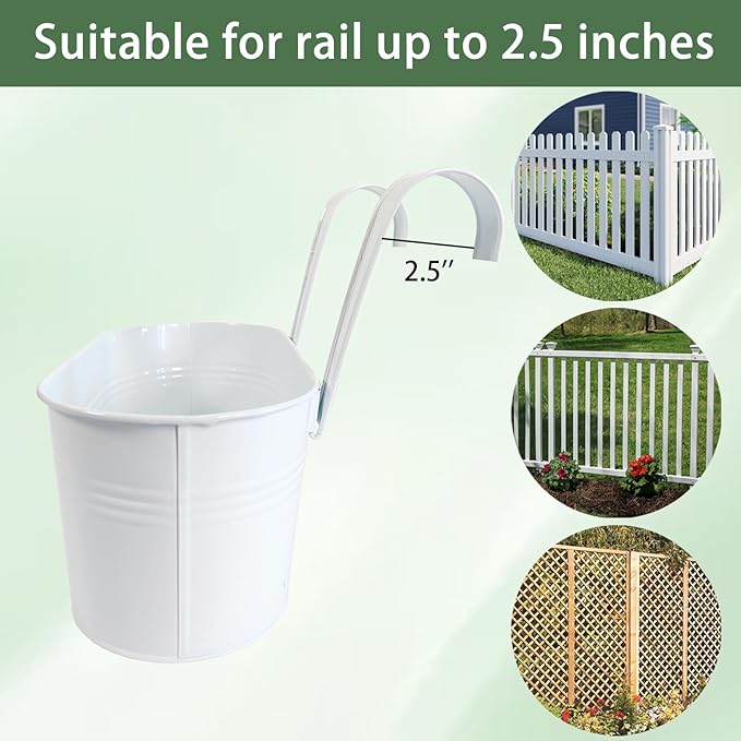 12" Balcony Railing Planters, Outdoor Hanging Planter for Fence, Stylish Metal Porch Deck Flower Pot for Herbs & Succulents (White, Pack of 2)