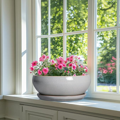 SQOWL 12 Inch Bonsai Pots - Large Ceramic Succulent Pots with Drainage Hole and Saucer, Shallow Planter for Indoor Outdoor Plants Flowers, Round Planter Bowl, Garden Decor, Gifts for Women, Gray