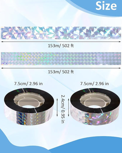 2×502 Ft Bird Scare Tape Ribbon, Double Sided Holographic Flash Reflective Bird Tape, Deterrent Visual Audible Bird Repellent Devices for Outdoor, Garden, Balcony (Regular)