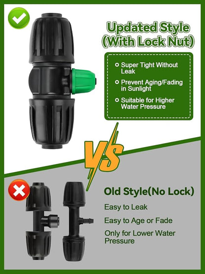 Kalolary 20PCS Locked Barbed Tee Connectors, 1/2” to 1/4” Drip Irrigation Fittings Kit 12/16mm to 4/7mm Tube Lock Female Connector 3-Way Barbed Lock Irrigation Parts for Watering System (Black Green)