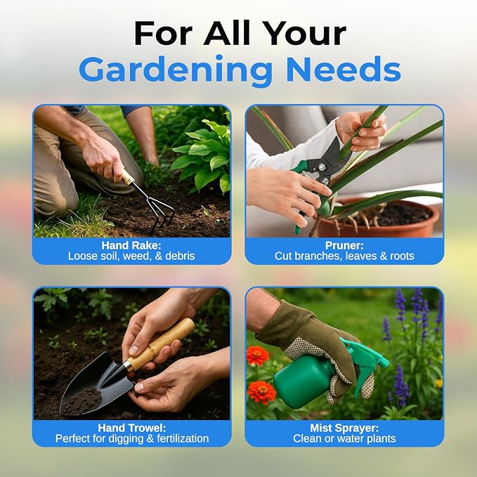 Scuddles 8-Piece Garden Tool Set with Bag, Stainless Steel Tools, Wooden Handles and Soft Poly-Cotton Gloves for Planting, Pruning and Home Gardening