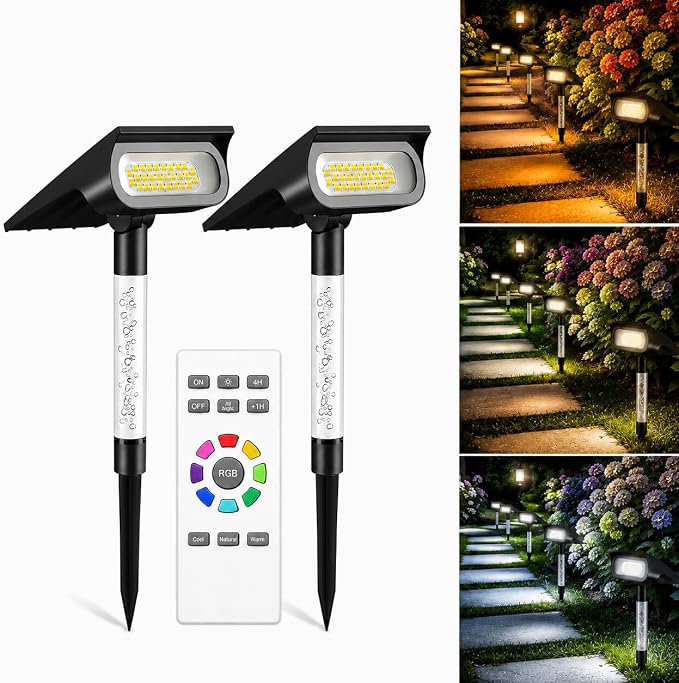 intelamp Solar Spot Lights Outdoor Waterproof Landscape Lighting 2 Pack | Remote Control, 3 Color Temperatures, Timer & Dimmable, Dusk-to-Dawn, RGB Poles, 4000mAh, 56 LEDs, 500LM, IP65 Waterproof