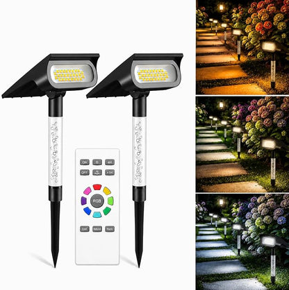 intelamp Solar Spot Lights Outdoor Waterproof Landscape Lighting 2 Pack | Remote Control, 3 Color Temperatures, Timer & Dimmable, Dusk-to-Dawn, RGB Poles, 4000mAh, 56 LEDs, 500LM, IP65 Waterproof