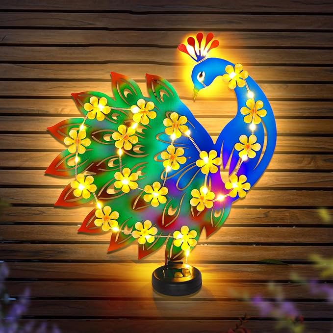 Metal Peacock Outdoor Wall Decor with 30 Led Solar Lights- 13.8" Outdoor Fence Wall Art Decor, Gift for Mom Grandma Women Birthday Gardening,Hanging Decoration for Garden Patio Porch Yard