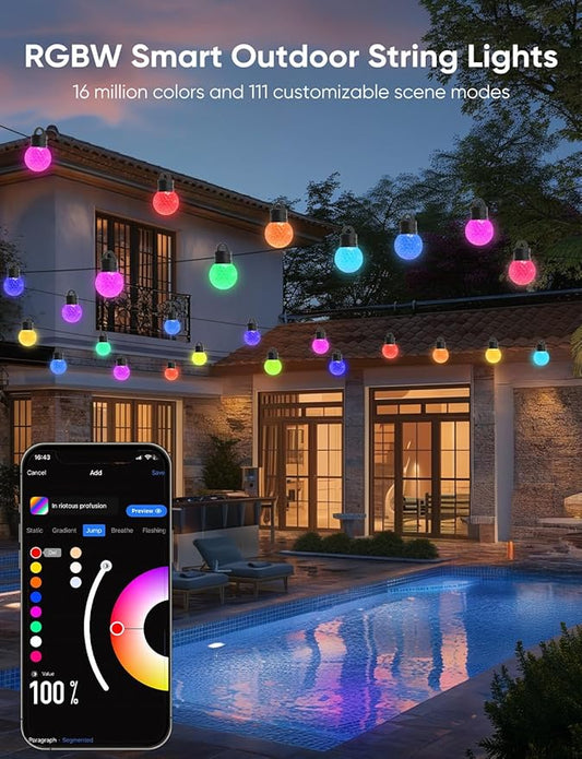 APPECK RGBW Outdoor String Lights 50ft for Patio, with 25 LED Bulbs | IP65 Waterproof, 111 Scene Modes, Dimmable Warm White, Individual Control, Music Sync, Compatible with Alexa & Google