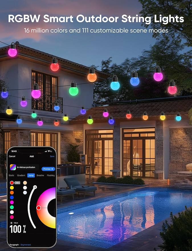 APPECK RGBW Outdoor String Lights 150ft for Patio, with 75 LED Bulbs | IP65 Waterproof, 111 Scene Modes, Dimmable Warm White, Individual Control, Music Sync, Compatible with Alexa & Google