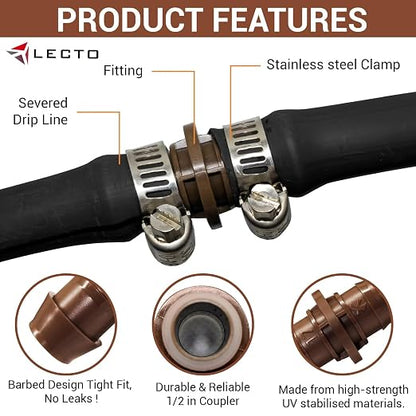LECTO Universal 5/8", 1/2", .700" Drip Line Repair & Extension Kit – Plastic Coupler with 2 Stainless Steel Hose Clamps