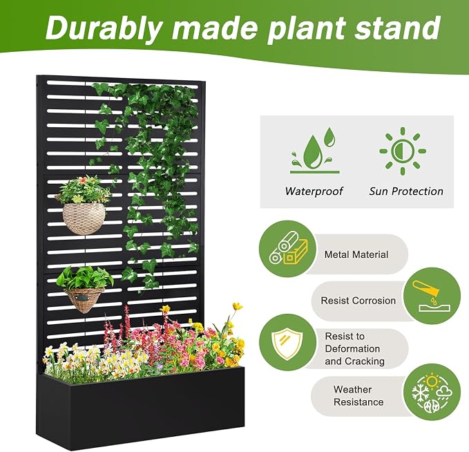 Metal Raised Garden Bed with Trellis,Planter Box for Climbing Plants, Vegetables & Vines, Features Drainage Holes and Privacy Screen.raised garden beds outdoor planters for porch (White, 71"x35"x16")