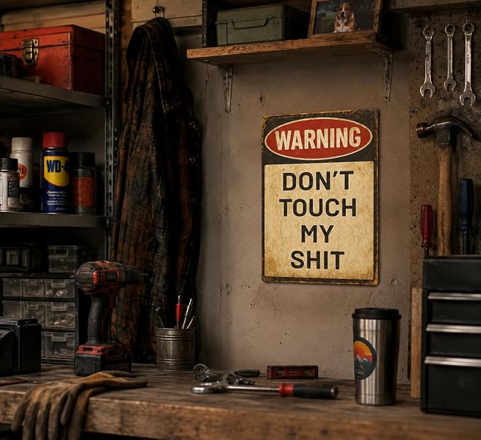 Vintage Warning Don't Touch My Shit Metal Sign, Retro Vintage Funny Warning Wall Decor, Humorous No Touch Plaque for Man Cave Garage Workshop Home Bar Decor 8x12 Inch