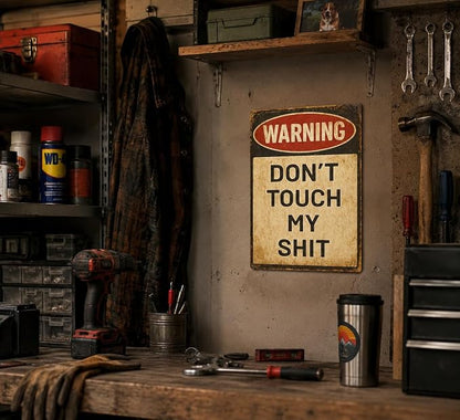 Vintage Warning Don't Touch My Shit Metal Sign, Retro Vintage Funny Warning Wall Decor, Humorous No Touch Plaque for Man Cave Garage Workshop Home Bar Decor 8x12 Inch
