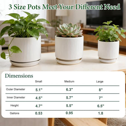 Ceramic-Flower-Pots-Sets-with-Saucer, 5/6/8 inch Small Planters for Indoor Plants with Drainage Hole, White Vertical Stripe Plant Pots for Home Decor, Outdoor Garden Pot For Succulent Cactus Herb