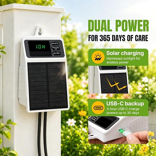 Mcbazel Solar Automatic Drip Irrigation Kit, USB-C & Solar-Powered Plant Waterer for 10 Potted Plants, Auto Watering System with Timer & Anti-Siphon, IPX5 Waterproof for Indoor Outdoor Vacation