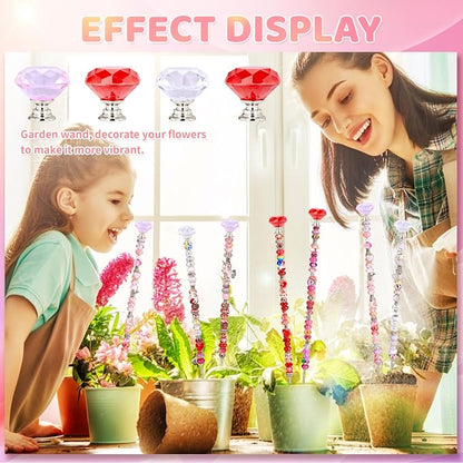 AIPRIDY DIY Crystal Beaded Fairy Wand Garden Stakes Kit, Colorful Decorative Wands with Assembly Guide, 12 or 10 Inch Threaded Rods,Outdoor Garden Decoration Set (174, Pink+Rose+Red+White+Diamond Top)
