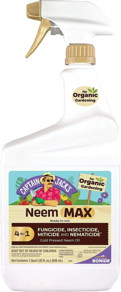 Bonide Captain Jack's Neem Max, 32 oz Ready-to-Use Spray | Cold Pressed Neem Oil, Multi-Purpose Insecticide, Fungicide, Miticide and Nematicide, For Organic Gardening