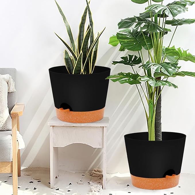 GARDIFE 12 inch Plant Pots, planters,Self Watering Pots, 2 Pack Large Plastic Flower pots with Deep Reservior and High Drainage Holes for Indoor Outdoor Plants and Flowers, Black