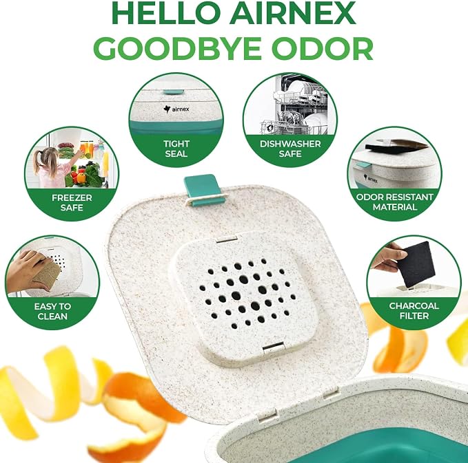 AIRNEX Collapsible Small Compost Bin with Lid - 1 Gallon Compost Bucket Food Waste Caddy Made of Wheat Straw - Odorless Counter Top Compost Bin for Kitchen with 20 Compost Bags and 2 Carbon Filters