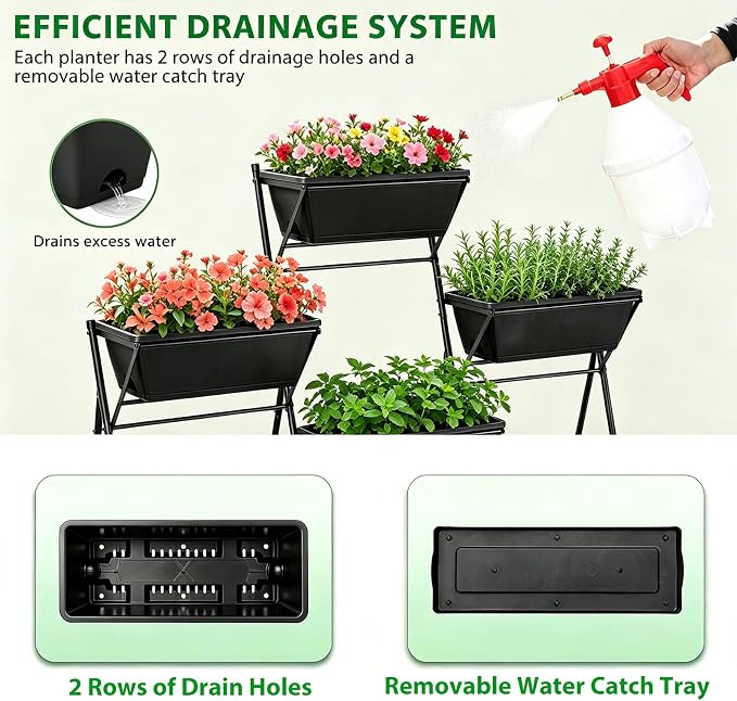 Raised Garden Bed Tiered Vertical Garden Planters Outdoor 7 Planter Boxes with Legs Indoor Elevated Herbs Flowers Vegetables Garden Box for Backyard Patio Balcony, Black