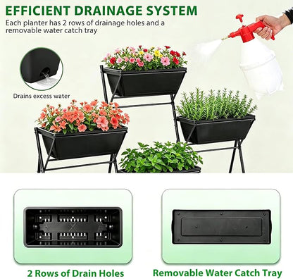 Raised Garden Bed Tiered Vertical Garden Planters Outdoor 7 Planter Boxes with Legs Indoor Elevated Herbs Flowers Vegetables Garden Box for Backyard Patio Balcony, Black