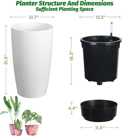 Garvee Tall Planters for Outdoor Plants, 22 in Large Planters Set of 2, Outdoor & Indoor Planters with Water Level Monitor ＆ Inner Bucket, Automatic Watering, for Porch, Patio, Backyard, White