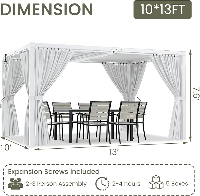 Louvered Pergola 10' x 13' with Waterproof Curtains, Outdoor Aluminum Pergola with Reinforced Steel Roof, Heavy-Duty Hardtop Gazebo, Privacy Privacy Shaded Shelter, White