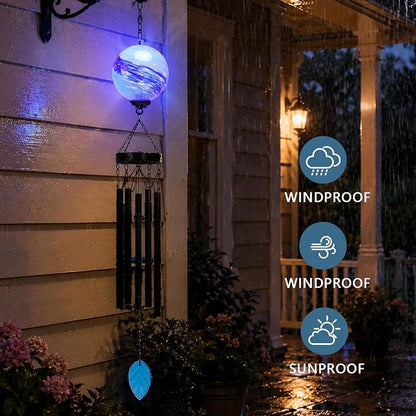 MUMTOP Solar Wind Chime for Outsides, 35" Glass Windchimes with Solar LED Lights Decorative Hanging Wind Bell for Porch Patio and Garden Decor, Blue