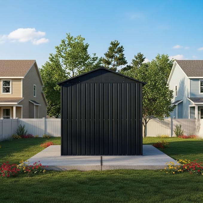 8x6 FT Outdoor Storage Shed,Galvanized Steel Heavy Duty Metal Tool Shed with Window & Vents,Sliding Door,Weatherproof Utility Shed for Backyard Patio Lawn,Black