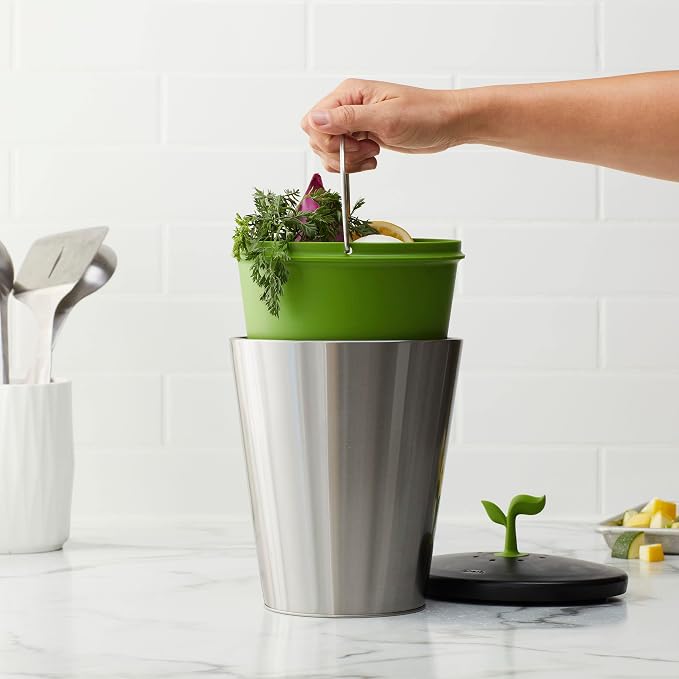 Chef'n EcoCrock Countertop Compost Bin, 3.3 Liter, Steel Gray