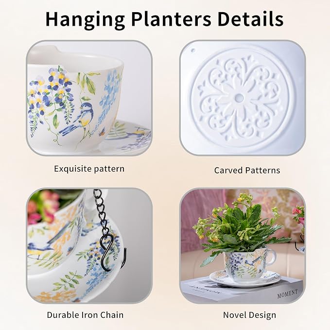TEATALK Hanging Planters for Indoor Plants, Ceramic Pots with Drainage Hole, 4 Inch Hanging Planter with Chain, Outdoor Hanging Baskets for Plants, Birds & Flowers, Cup Shape
