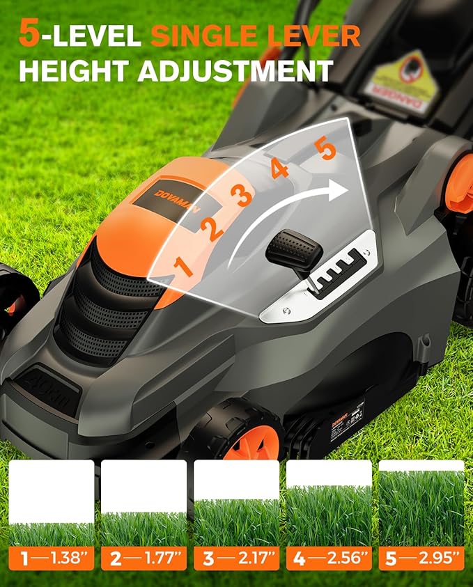 DOVAMAN 13Amp 16" Lawn Mower, 98% Collection, 13.2-Gallon Bag, 5-Position Height Adjustment, 3-Step Quick Vertical Fold Storage, 2-in-1 Mulching & Bagging, Corded Lawn Mower for Your Garden