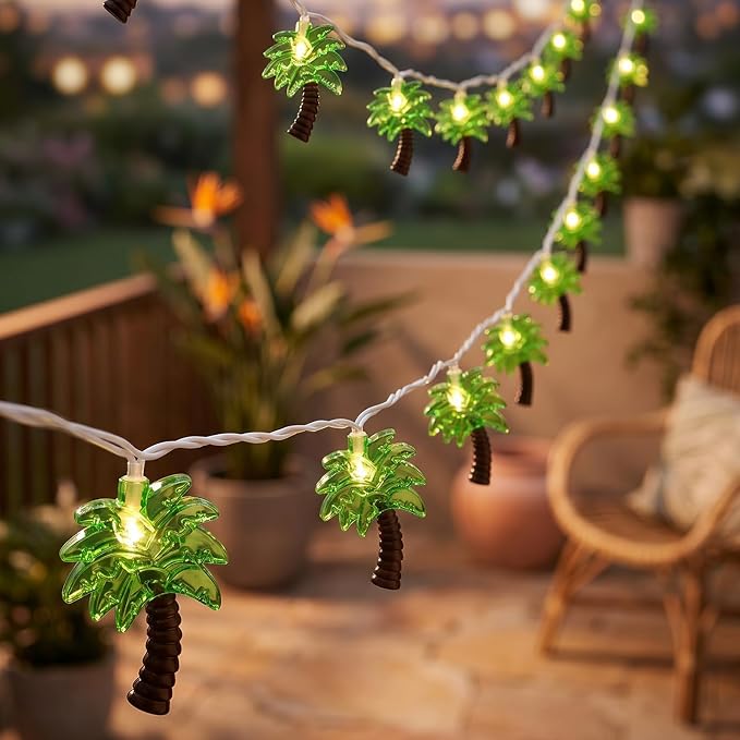 8.5Ft Palm Tree Lights Outdoor, Patio Lights String with 10 LED Summer Beach Themed Lights for Indoor Bedroom Tiki Party Decor, White Wire